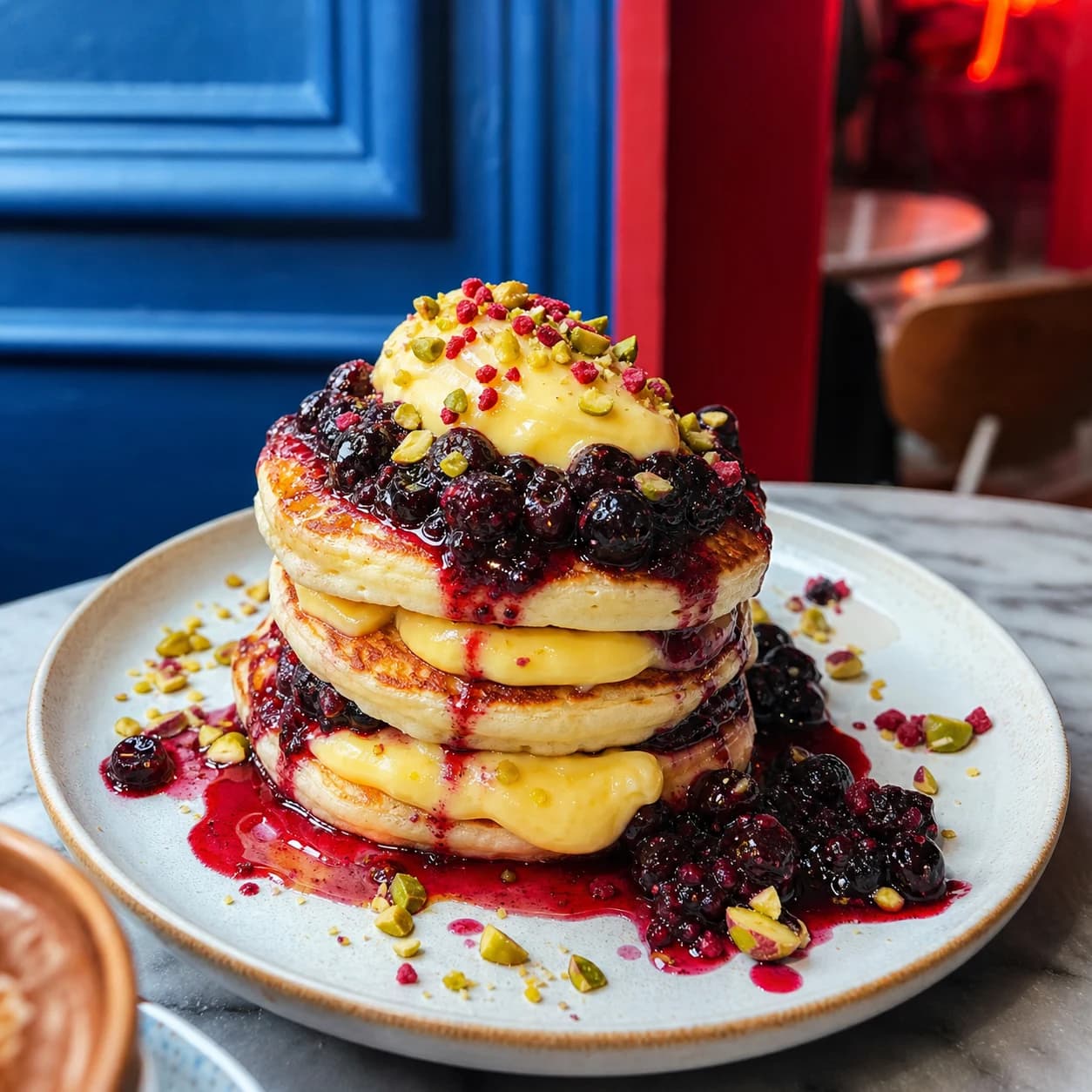 A vivid seasonal pancake stack with berries, lemon cream and pistachios