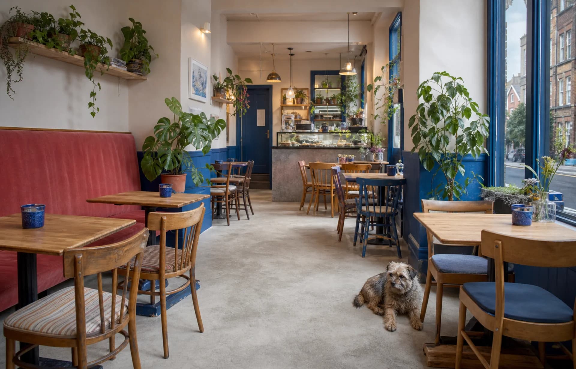 Bright independent café with blue details, plants and wooden tables
