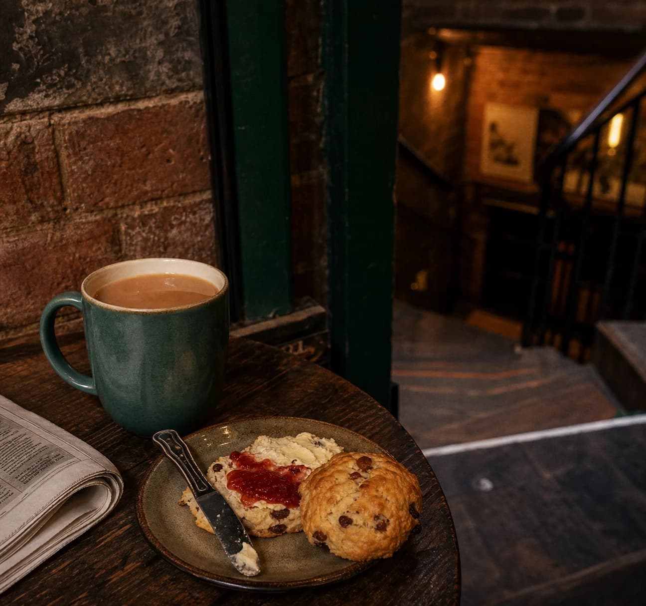 Tea and a warm fruit scone beside a newspaper in a basement café