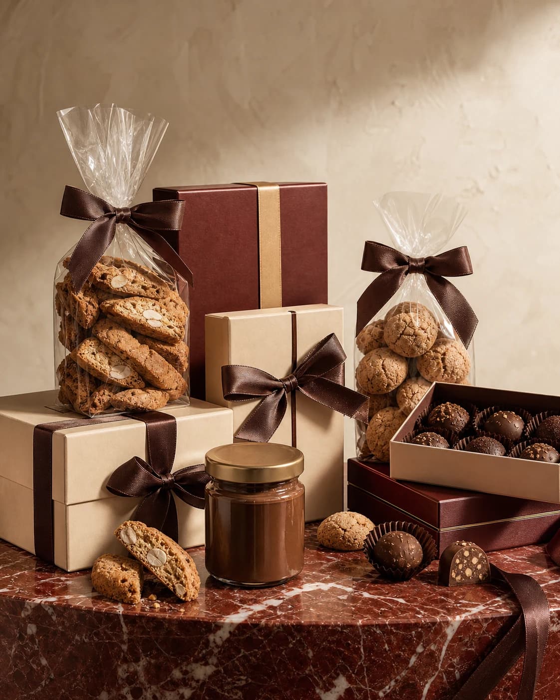 Пакетирани cantucci, amaretti, шоколадови бонбони и лешников крем