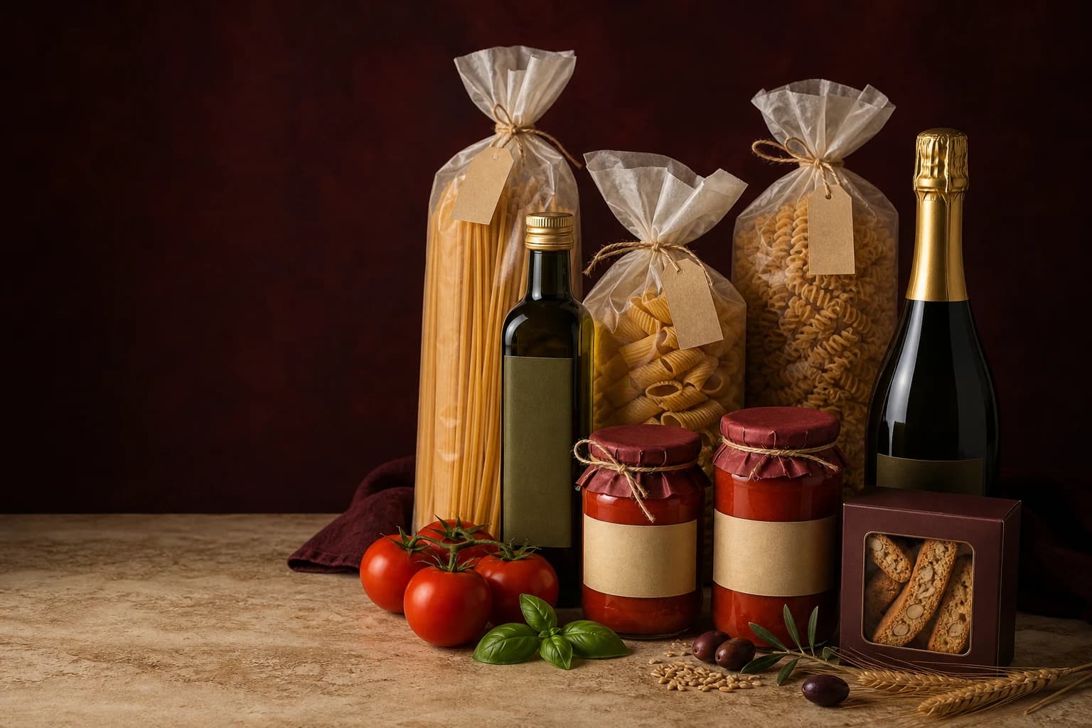 Паста, зехтин, доматени сосове, biscotti и prosecco в италианска продуктова селекция