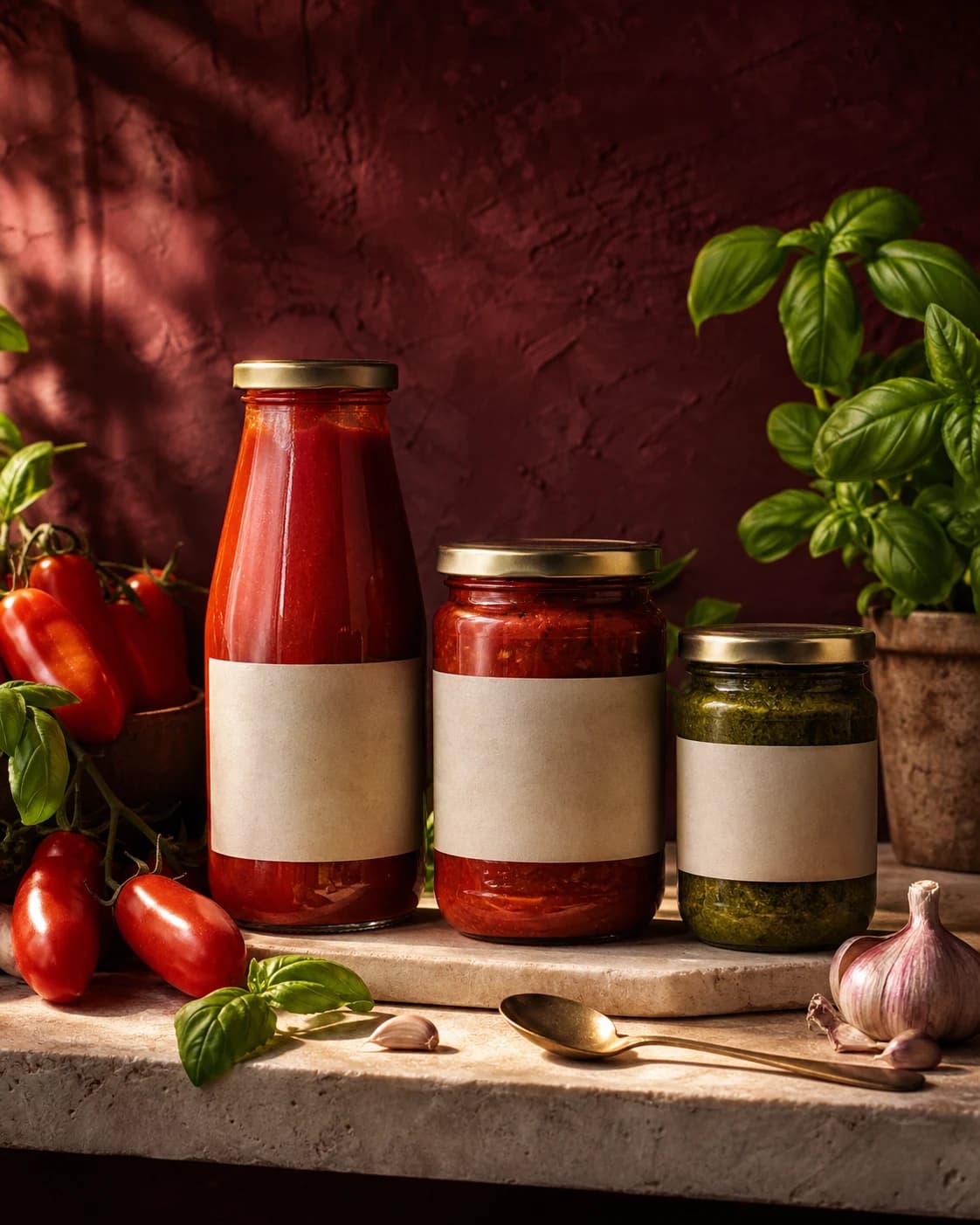 Стъклени буркани с passata, доматен sugo и босилково pesto
