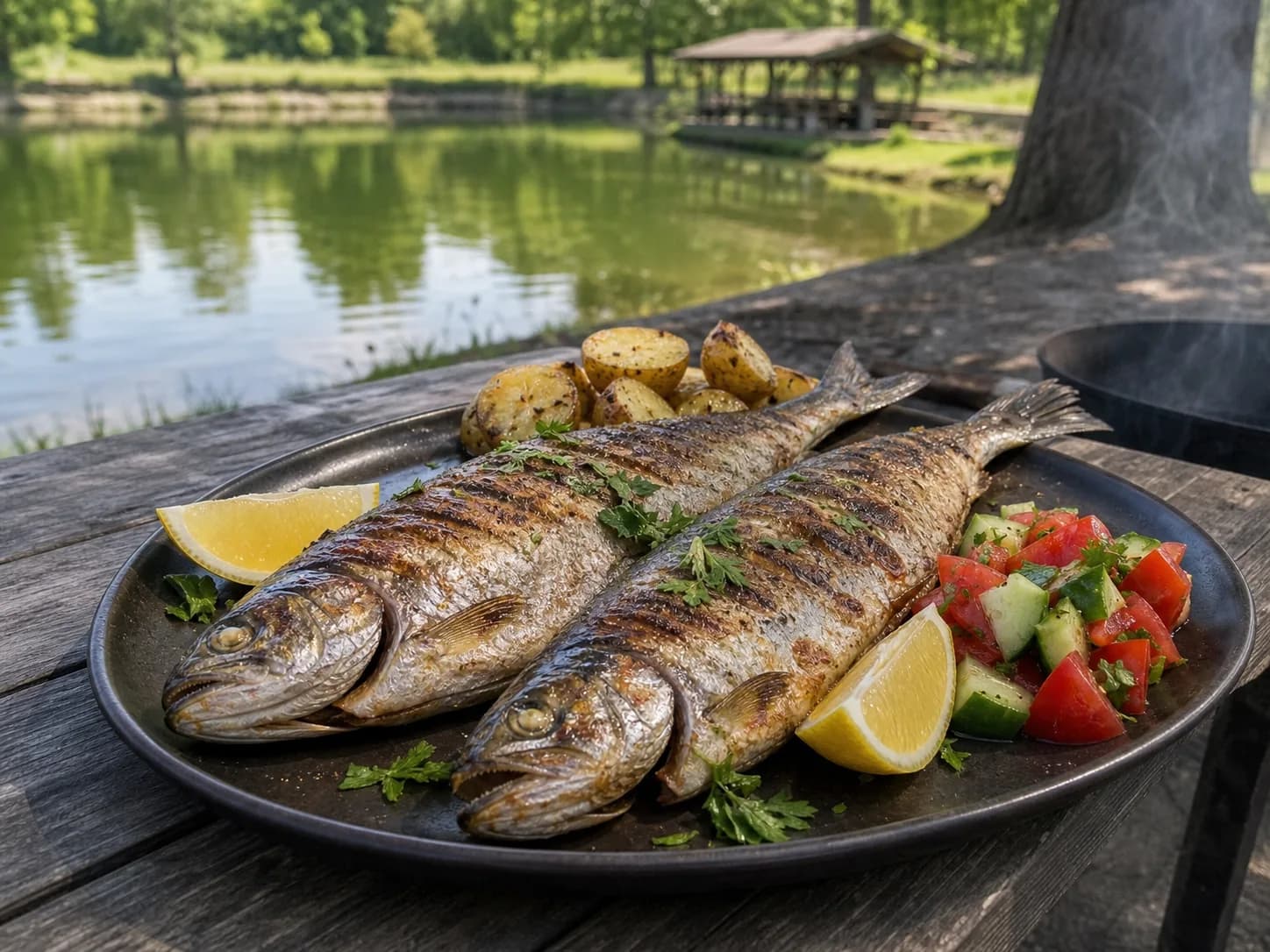Пъстърва на скара с картофи и салата