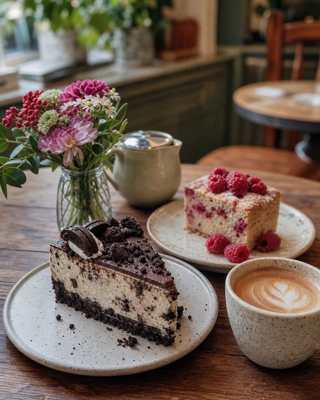 Vegan cakes with coffee and tea on a café table