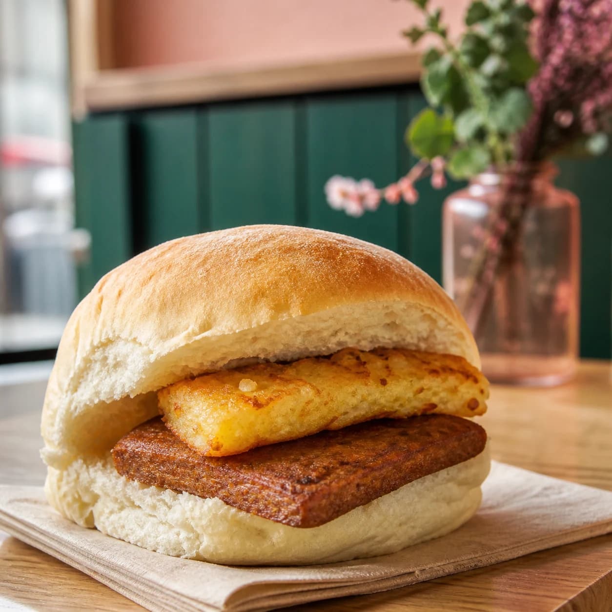 Vegan square sausage and tattie scone in a breakfast roll