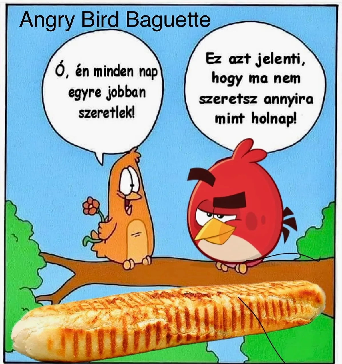 Bors Angry Bird baguette campaign artwork with a toasted baguette and cartoon birds