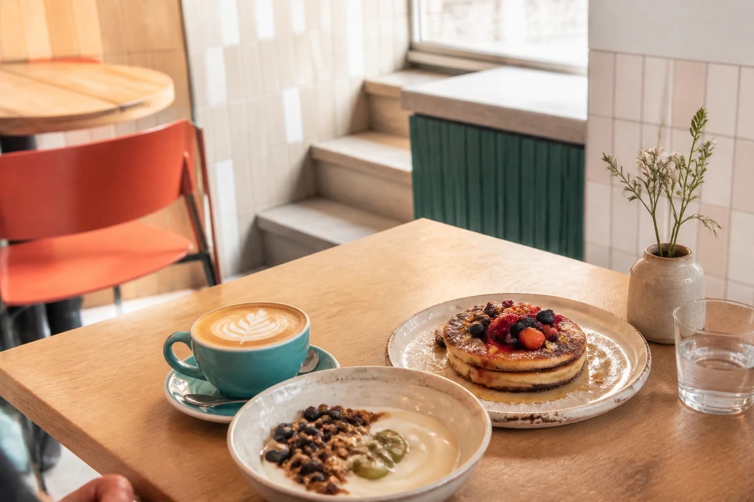 Coffee, berry pancakes and a yoghurt bowl in a bright city café