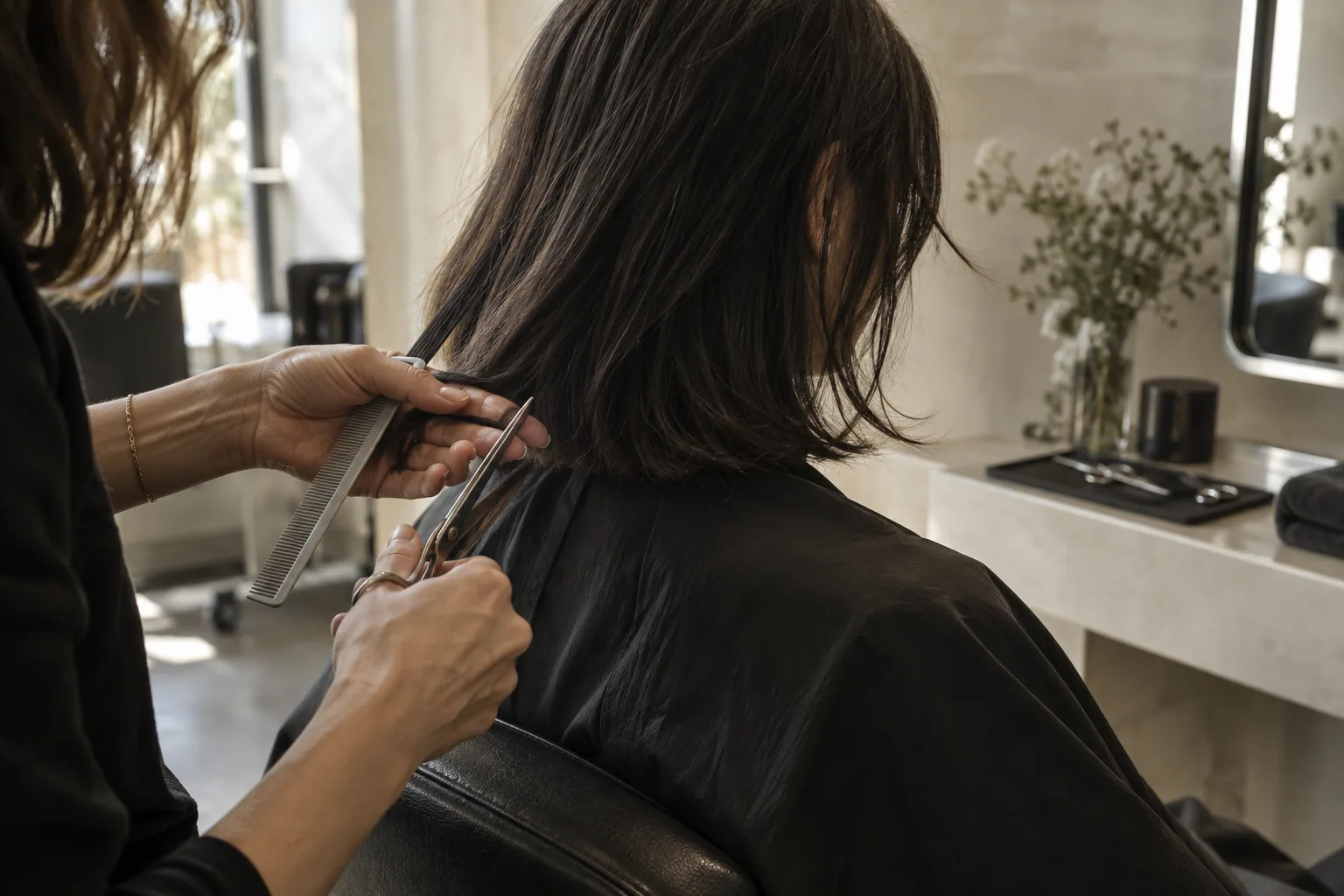 Illustrative view of a stylist carefully cutting a client's hair