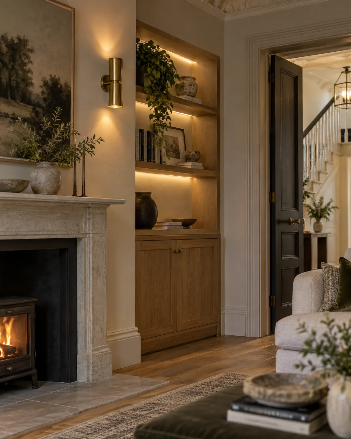 Illustrative detail of fitted wall and shelf lighting in a period home