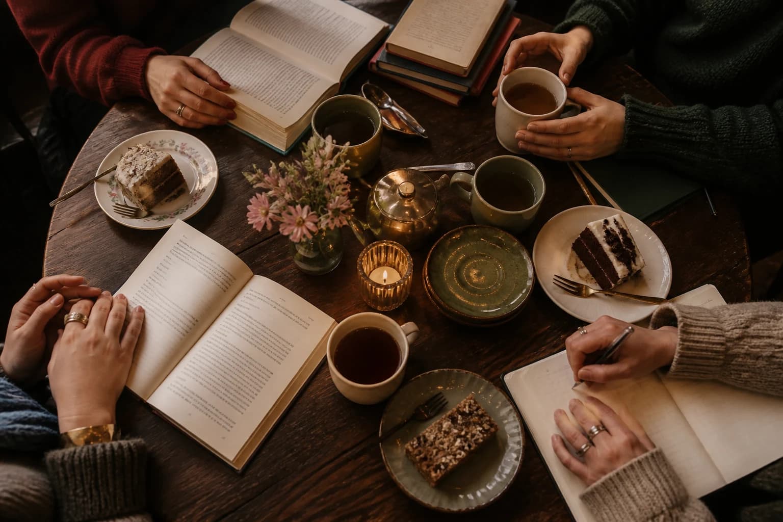 Open novels, tea and cake around a shared café table