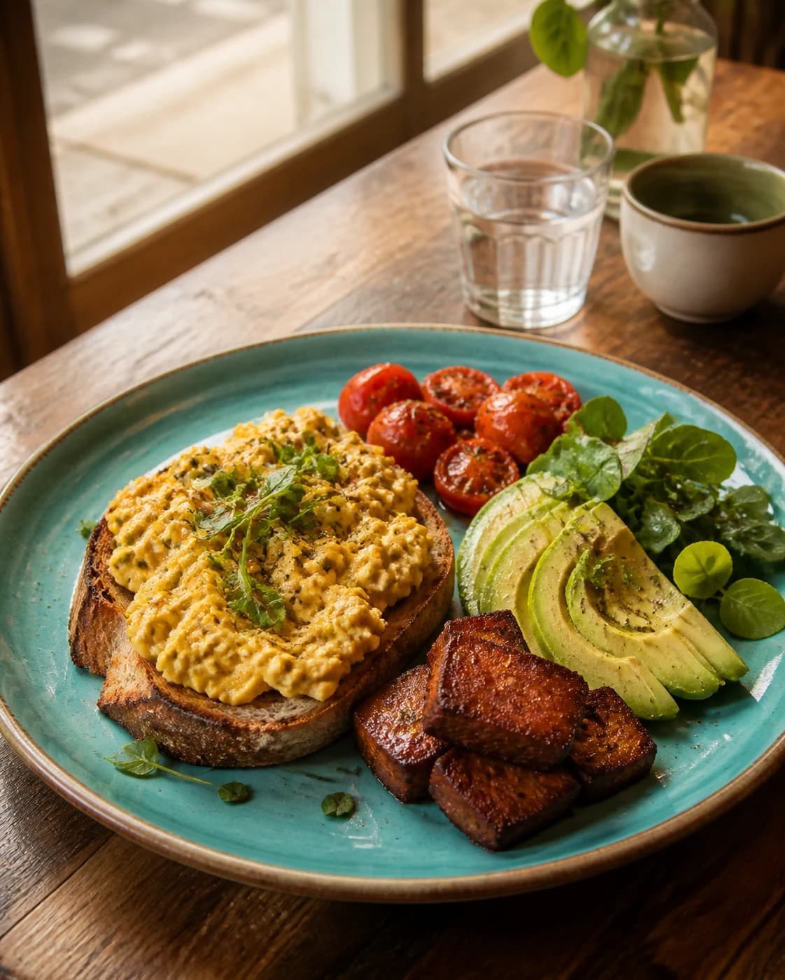 Colourful vegan brunch on a turquoise plate